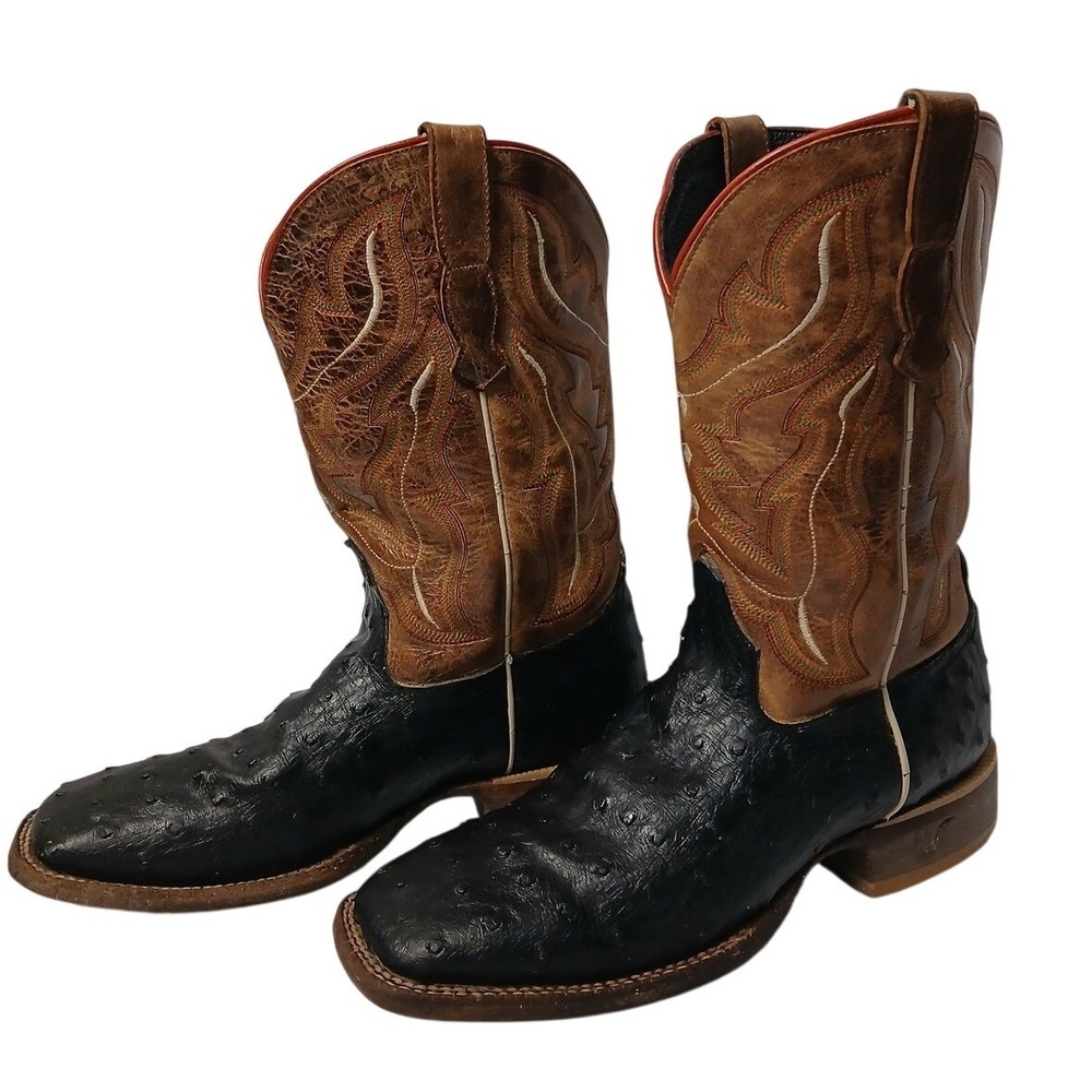 Outlaw Mens Black Full Quill Ostrich Cognac Leather Square Toe Cowboy Boots 8.5D